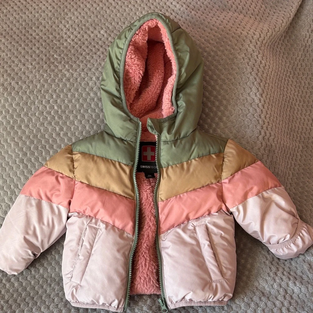 Swiss Tech Baby Girls 12M Colorblock Puffer Jacket Fleece Lined Hooded Snow Cozy